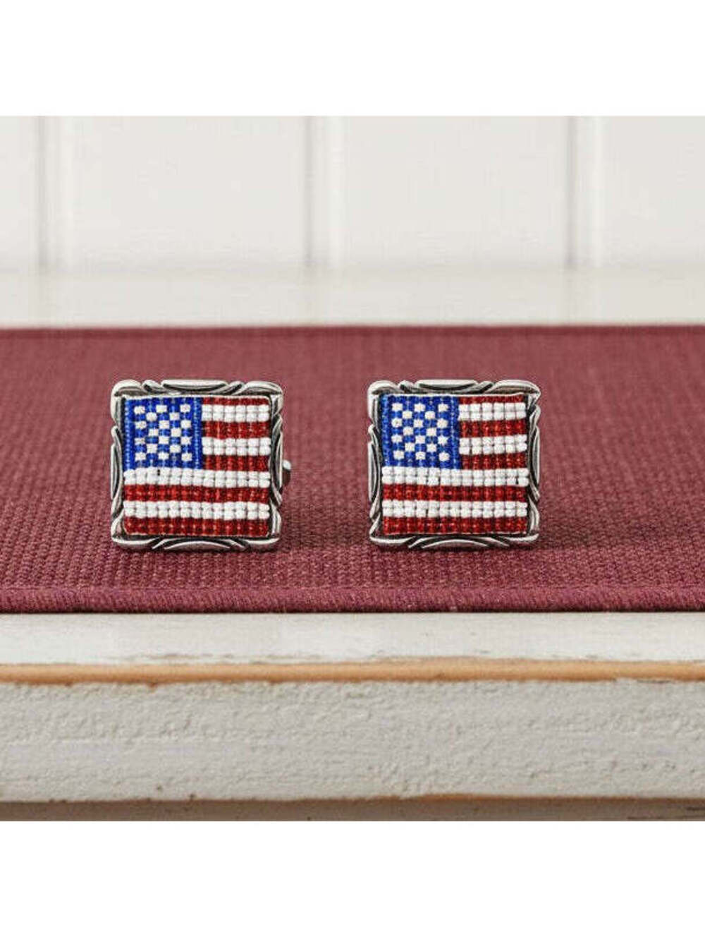 BEADED AMERICAN FLAG EARRINGS by HARRY LOWE JR (square) – NAVAJO